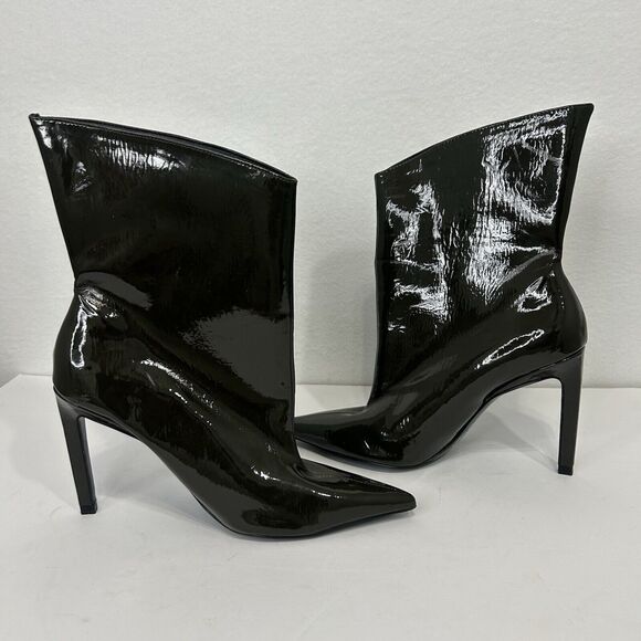 ZARA Trafaluc 38 / 7.5 Heel Ankle Boots Pointed Toe Green Faux Patent Leather - Picture 5 of 8